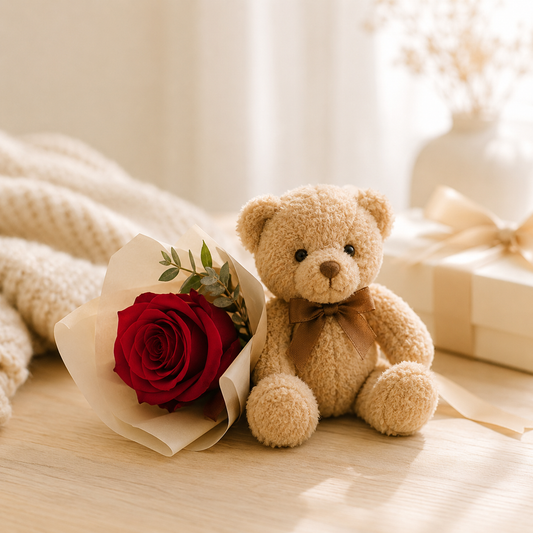 En Rose & Bamse Gave | Sød Blomstergave Leveret i Danmark