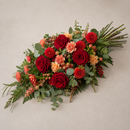 Rød & Fersken Bårebuket | Varme Kondolenceblomster Danmark