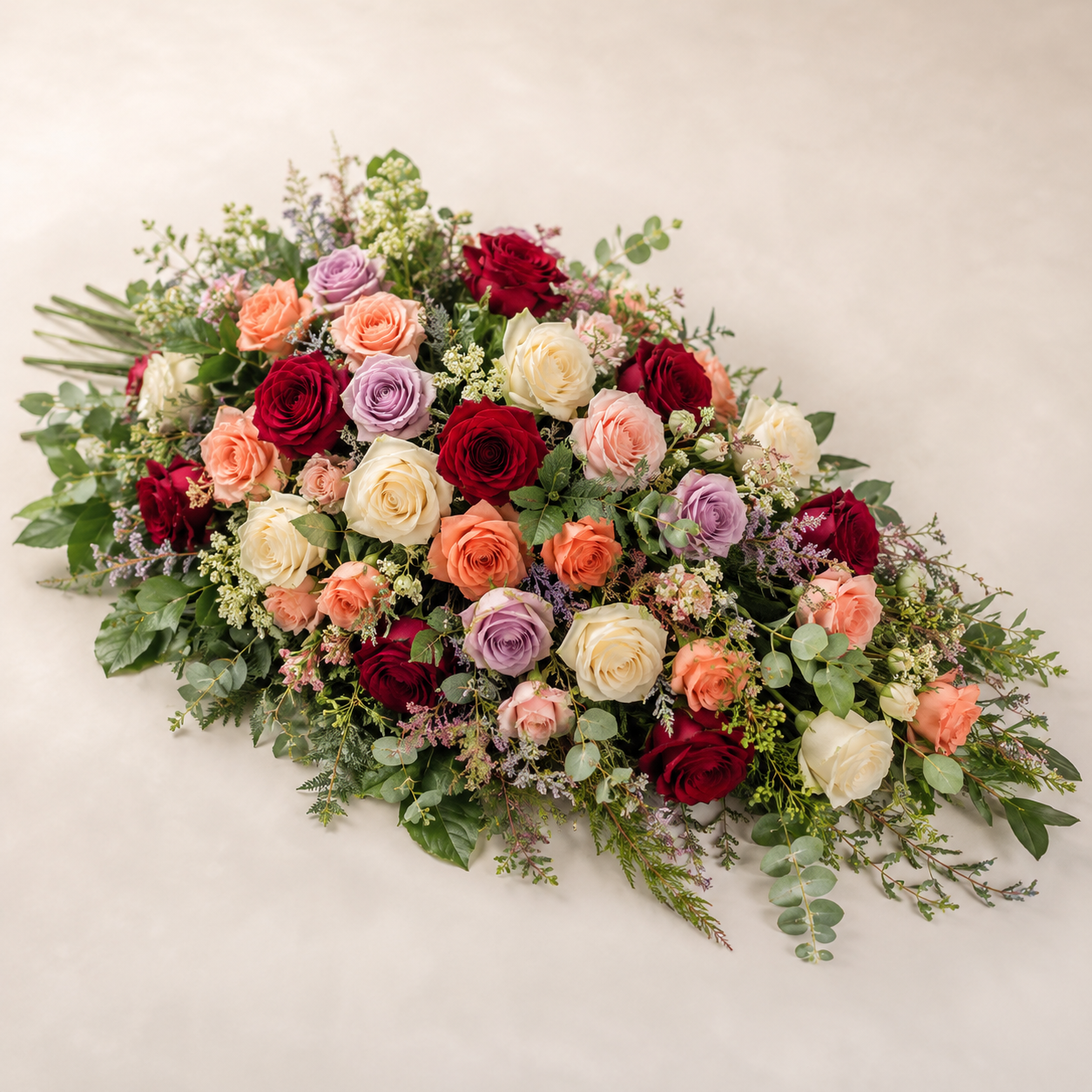 Mixed Rose Funeral Sheaf | Colourful Casket Bouquet Denmark
