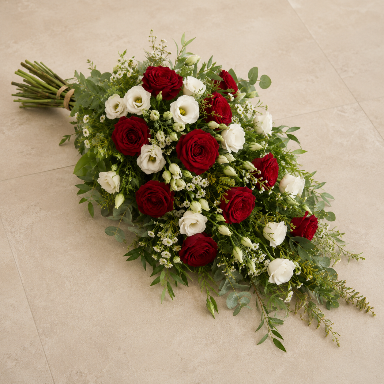 Red & White Funeral Sheaf | Sympathy Flowers Delivery in Denmark