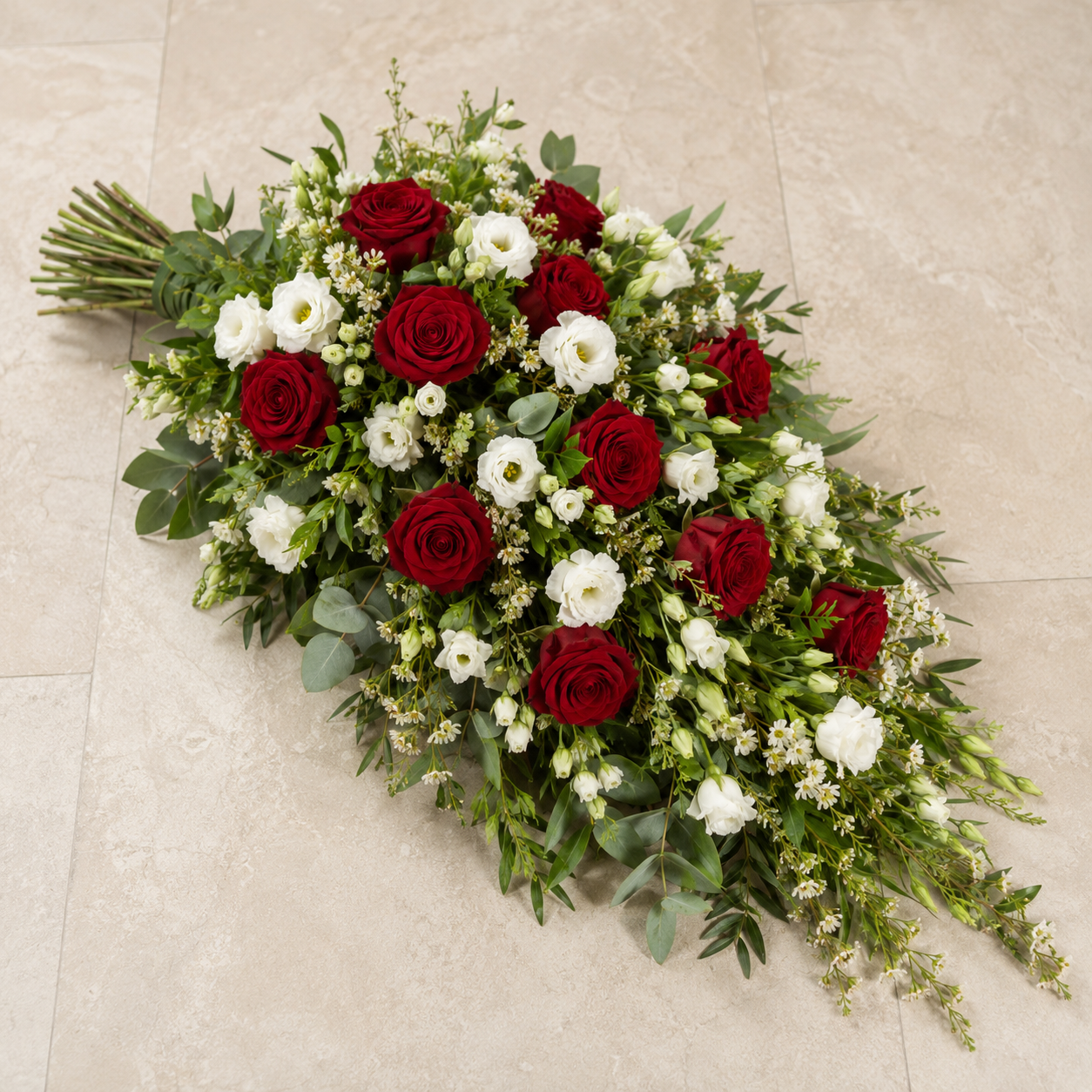 Red & White Funeral Sheaf | Sympathy Flowers Delivery in Denmark