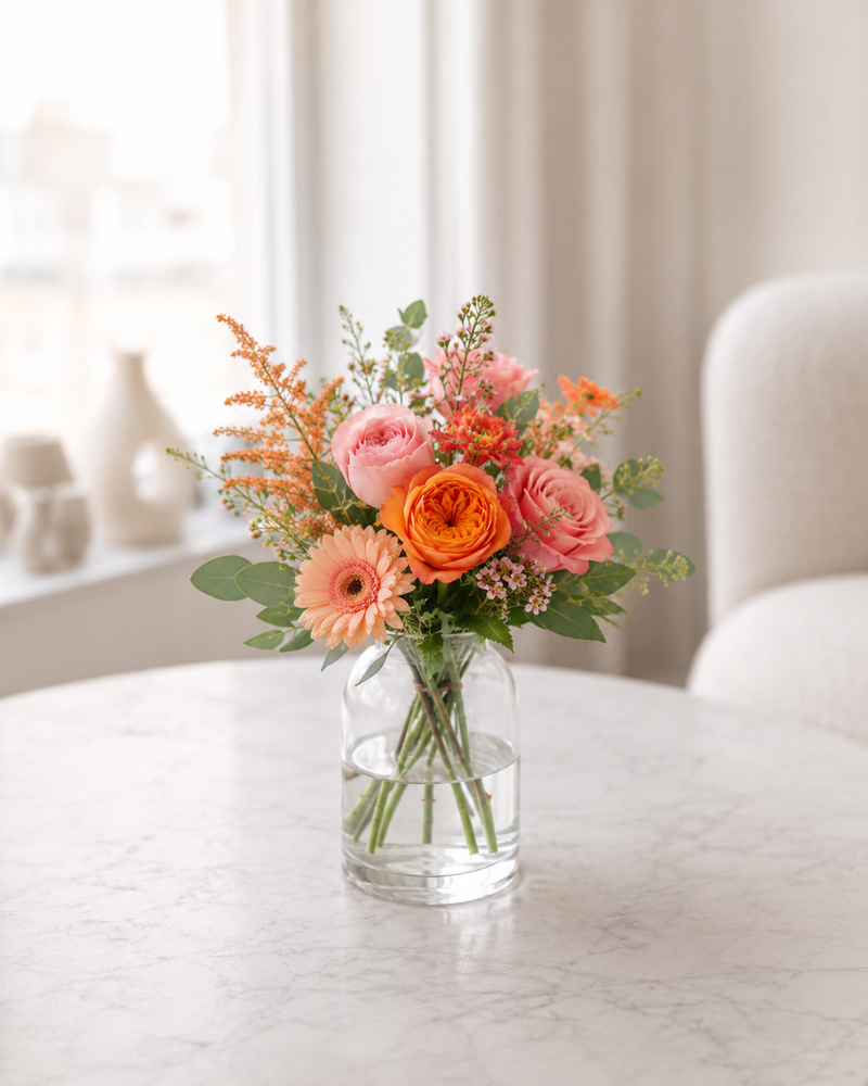 Rosa & orange buket | Send farverige blomster i Danmark