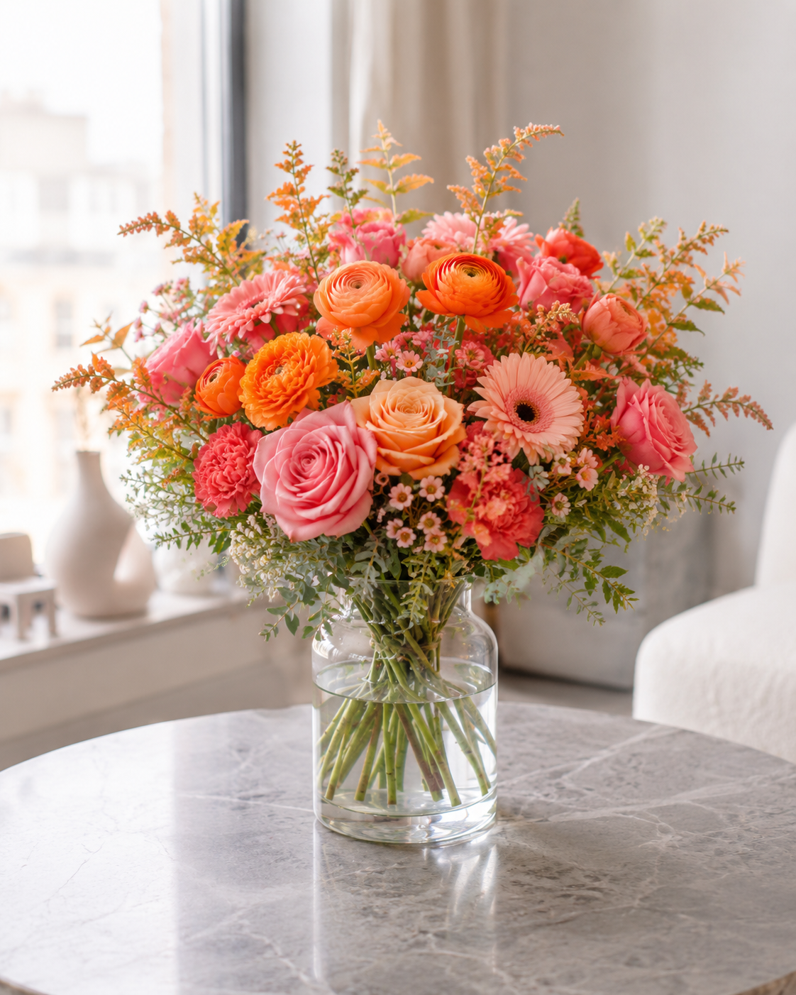 Rosa & orange buket | Send farverige blomster i Danmark