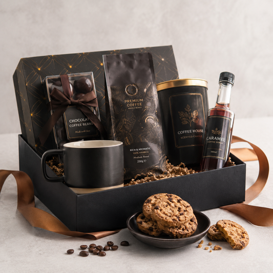 Coffee Lovers Delight Gaveæske med Kaffe, Krus, Cookies & Søde Treats