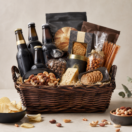 Mørk Øl & Salte Snacks Gavekurv med Nødder, Kiks & Premium Treats