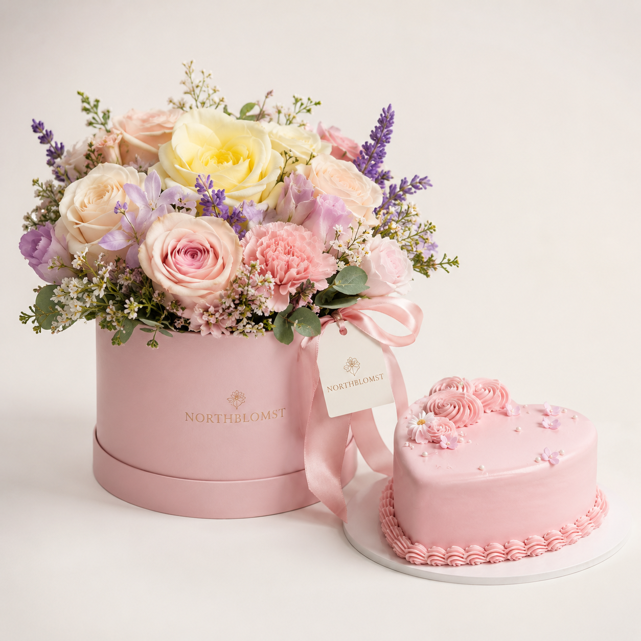 Pink Flower Box with Delicate Cake | Flowers & Cake Delivery