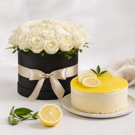 Hvid rosenæske med citronkage | Blomster & kage levering