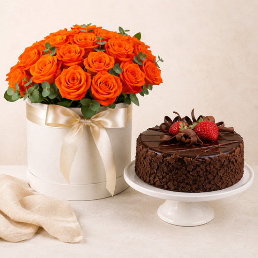 Orange rosenæske med chokoladekage | Blomster & kage levering