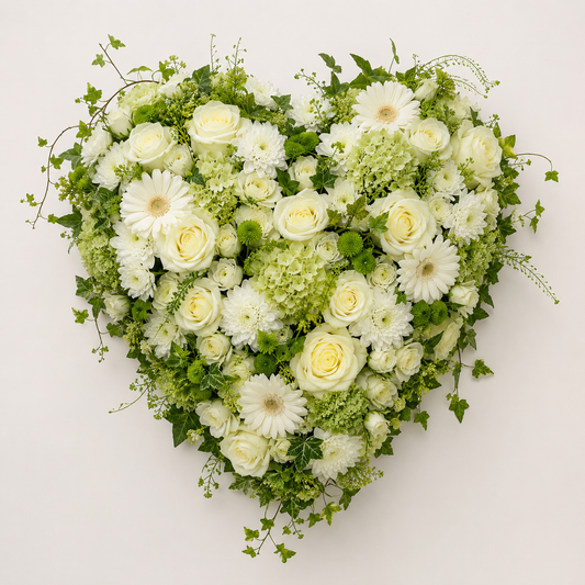 A heart-shaped floral arrangement featuring white and light green flowers, including roses, daisies, hydrangeas, and green foliage, photographed from directly above on a plain off-white background.