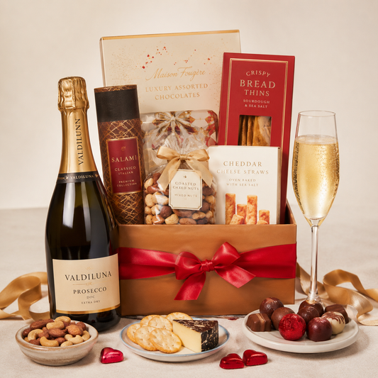 Love Feast Prosecco Gavekurv med Salte Snacks, Chokolade & Treats