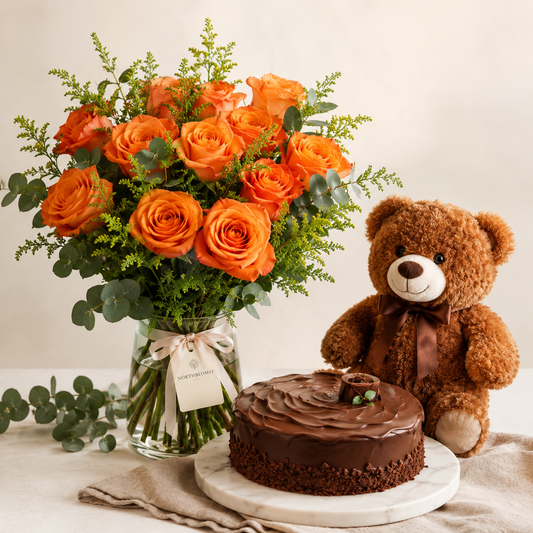Orange rosenbuket med bamse og chokoladekage | Blomster & kage levering