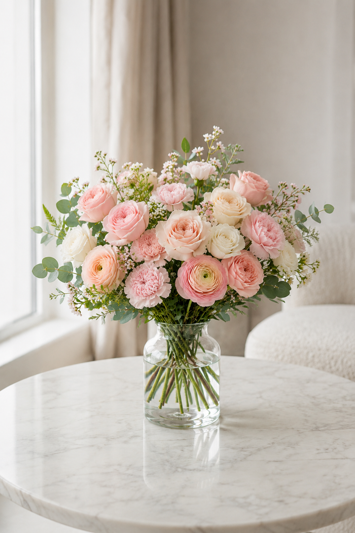 Lyserød buket | Blush-rosa blomster med levering i Danmark