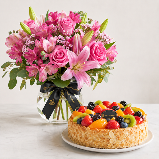 Lyserød lilje- og rosenbuket med frugtkage | Blomster & kage levering