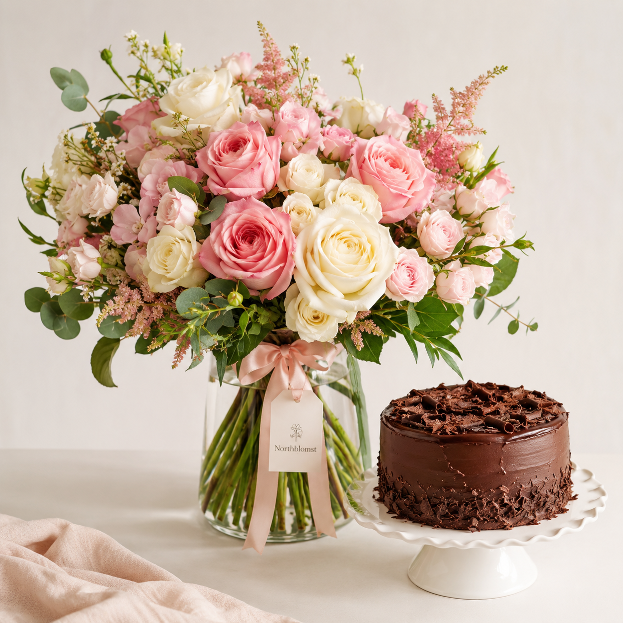 Romantic Pink & White Bouquet with Chocolate Cake | Flowers & Cake Delivery