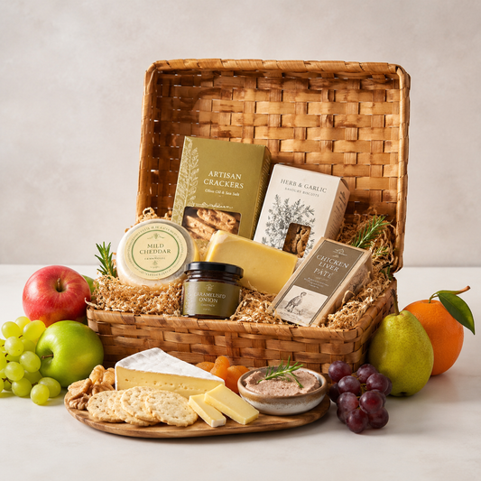 Gourmet Ost & Frugt Gavekurv med Kiks og Salte Treats