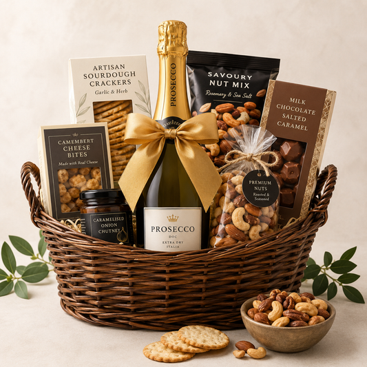 Sød & Salt Prosecco Gavekurv med Snacks, Nødder & Chokolade