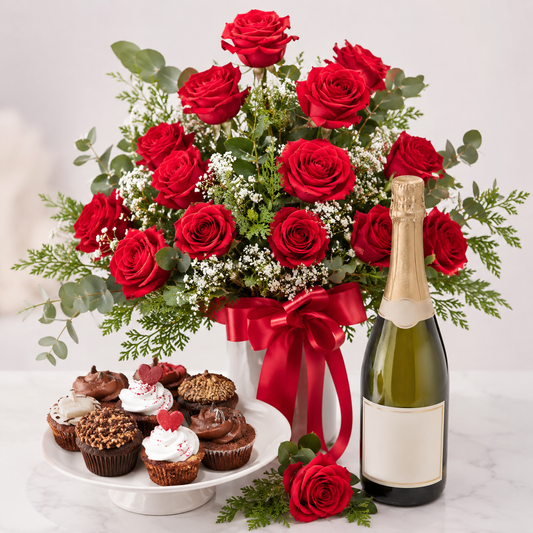 Luksuriøst arrangement med røde roser, mousserende gave og cupcakes