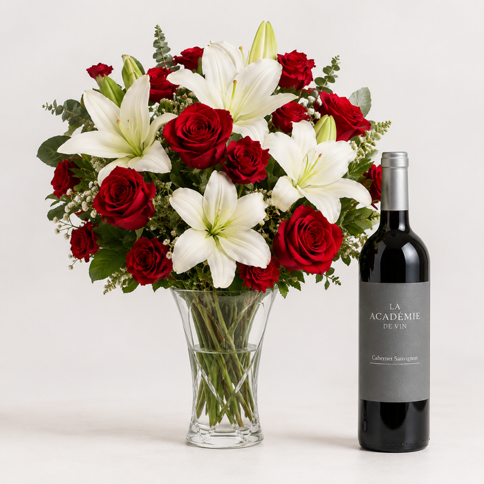 Luxury Red Rose & White Lily Bouquet with Red Wine | Premium Flower Delivery blomster og vin gave