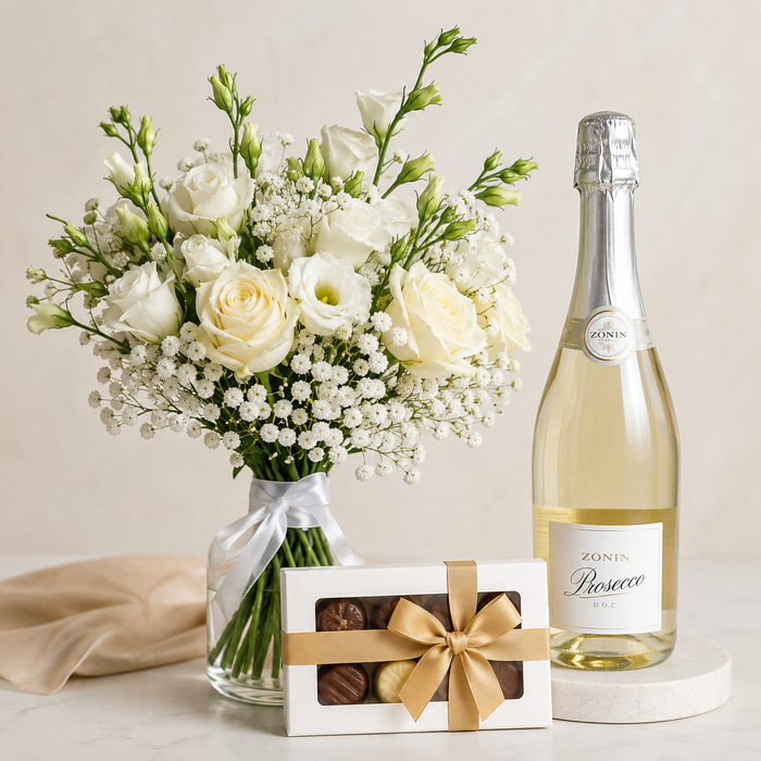 Luxury White Bouquet with Prosecco & Chocolates | Premium Flower Delivery blomster og vin gave