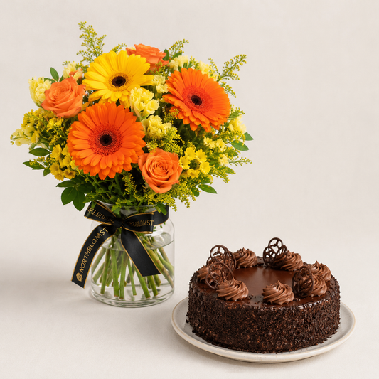 Gul og orange buket med chokoladekage | Blomster & kage levering