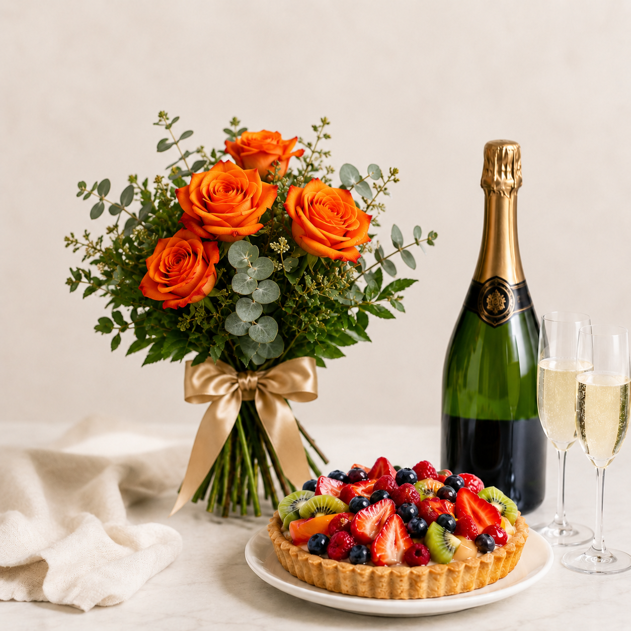 Luxury Orange Rose Bouquet with Sparkling Gift & Fruit Tart | Premium Celebration Delivery