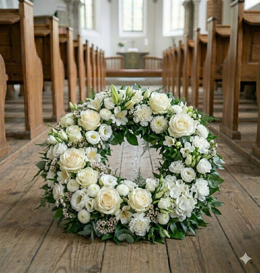 Hvid begravelseskrans | Begravelsesblomster