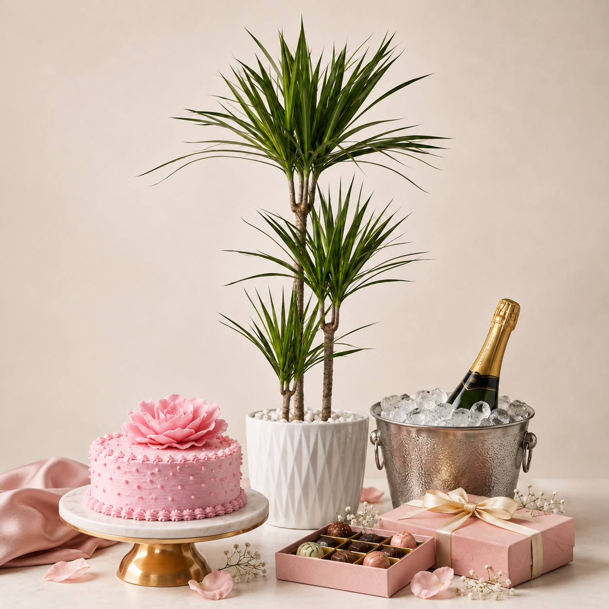 Green Plant with Sparkling Gift & Cake | Elegant Celebration Plant Delivery