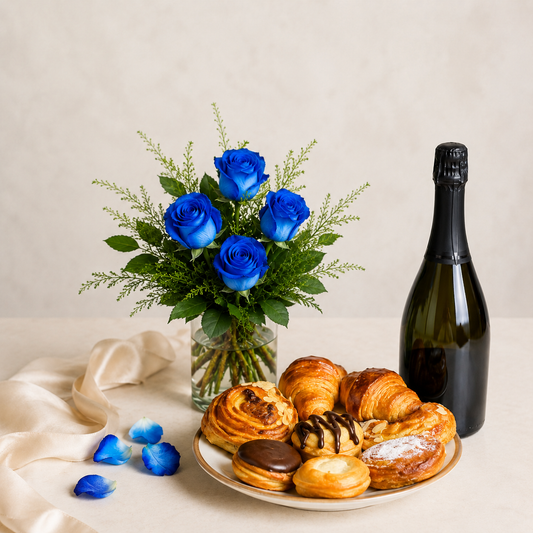 Blue Rose Bouquet with Sparkling Gift & Pastries | Luxury Flower Delivery