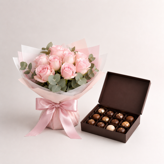 Lyserød Rosebuket med Luksuschokolade | Blomster & Chokoladelevering