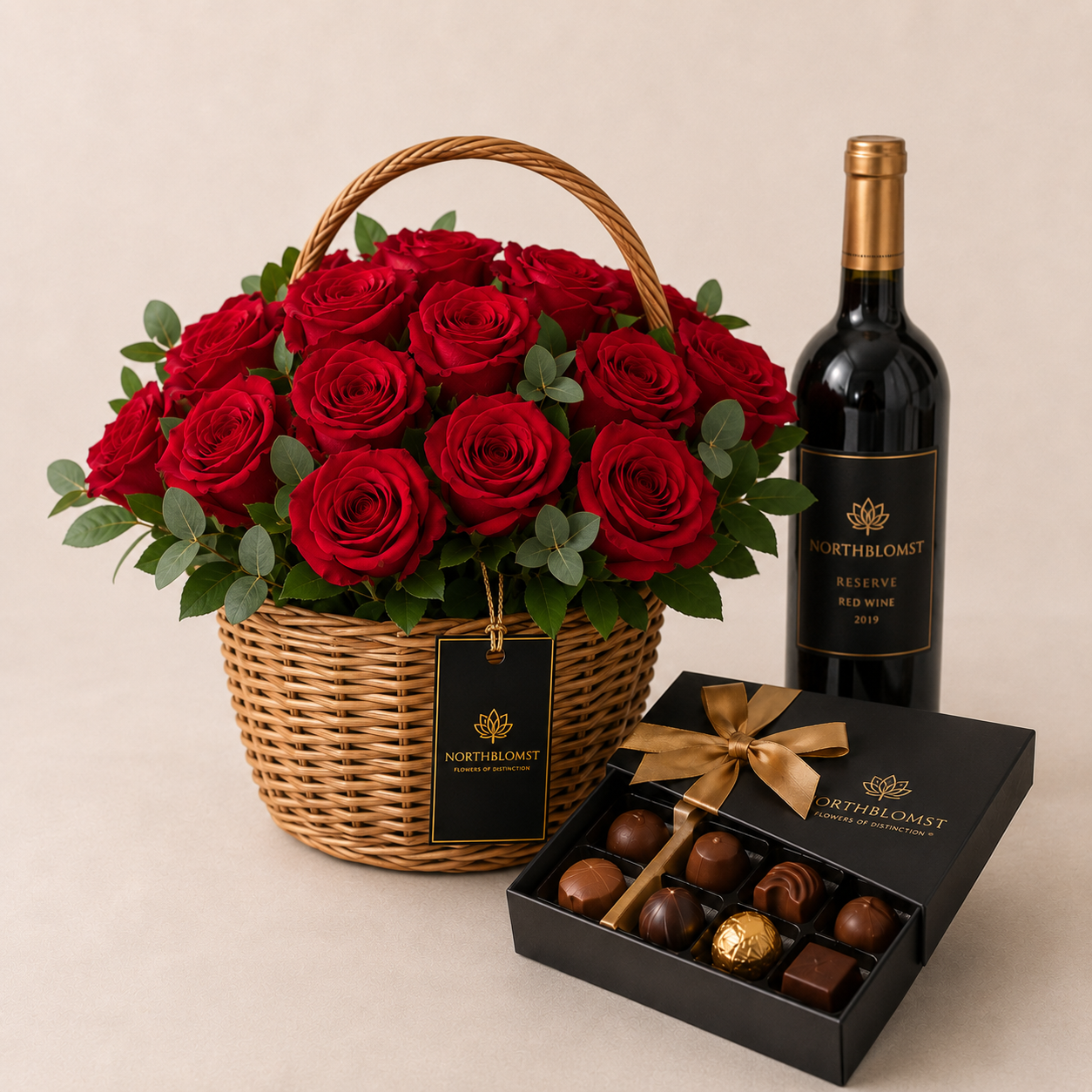 Luxury Red Rose Basket with Red Wine & Chocolates | Premium Flower Delivery