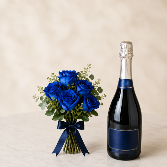 Blå Rosebuket med Mousserende Gave | Luksus Blomsterlevering