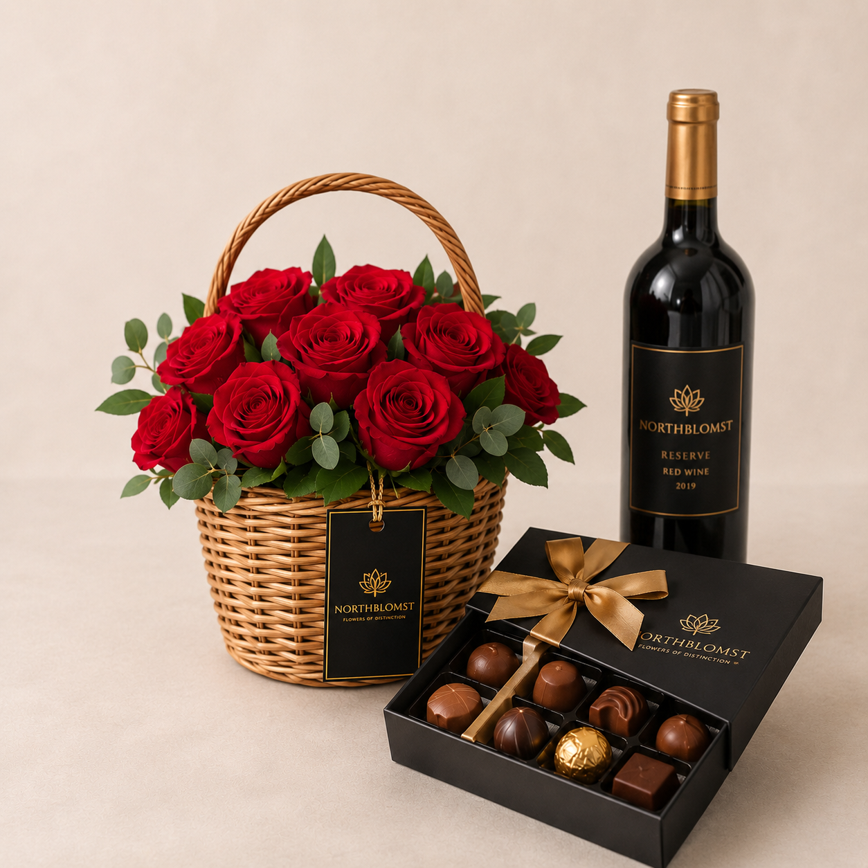Luxury Red Rose Basket with Red Wine & Chocolates | Premium Flower Delivery