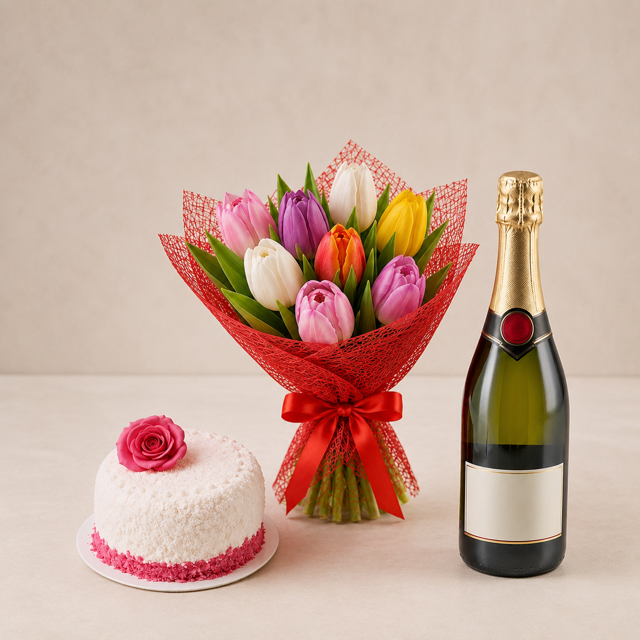 Mixed Tulip Bouquet with Sparkling Gift & Romantic Cake | Celebration Flower Delivery