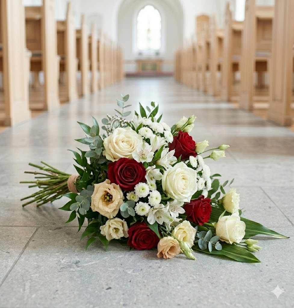 Røde & hvide begravelsesblomster | Kondolenceblomster