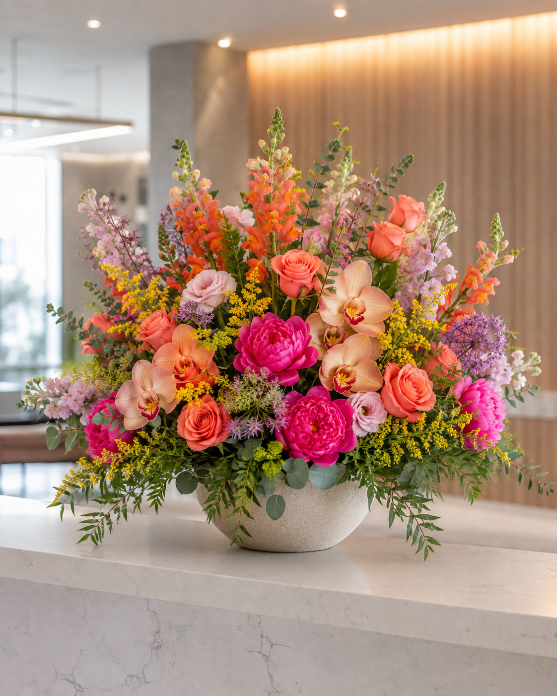 Luxury reception flower arrangement with premium seasonal flowers and an elegant vase for a professional business space in Denmark