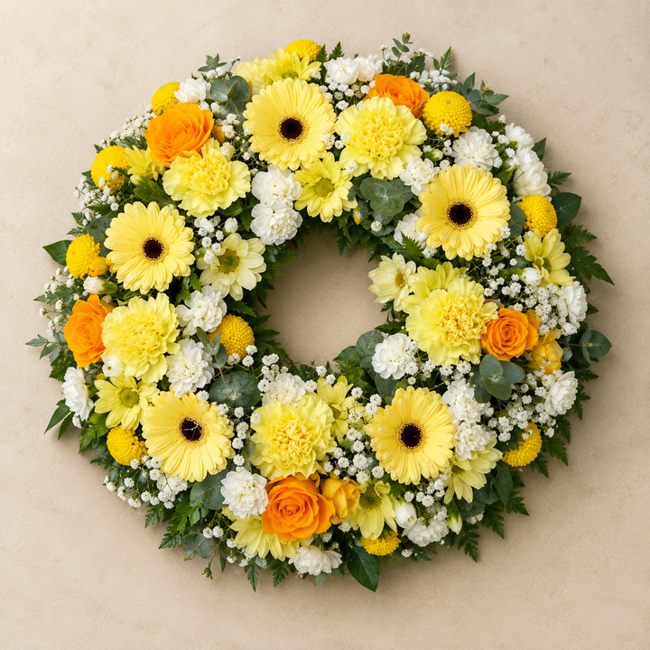 Yellow & White Funeral Wreath | Light Memorial Wreath in Denmark begravelseskrans til levering i Danmark