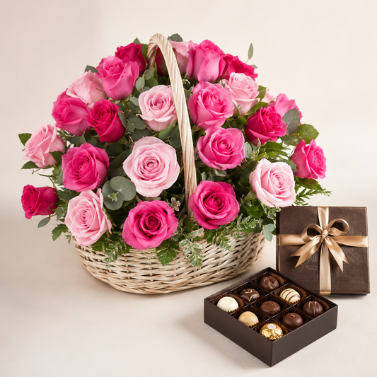 Pink Rose Basket with Luxury Chocolates | Flower & Chocolate Delivery