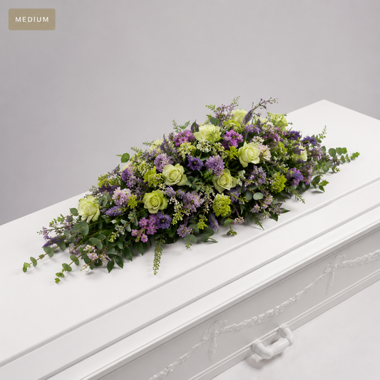 Grøn & Lilla Kistedekoration | Begravelsesblomster til Kiste
