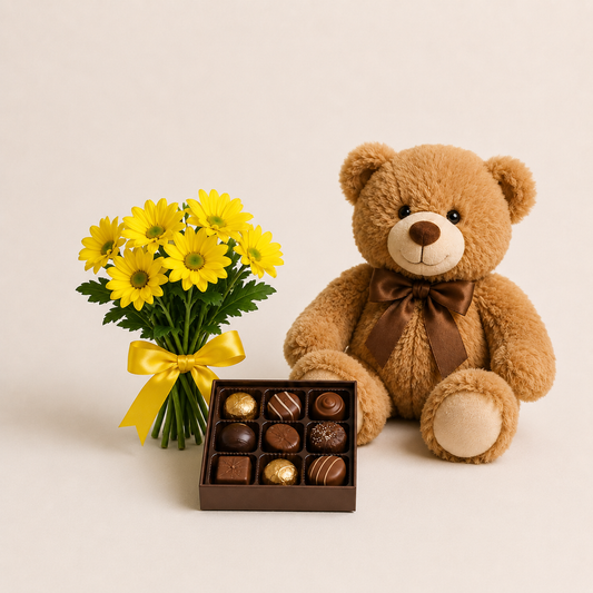 Gul Daisy Buket med Bamse & Chokolade | Blomster Gavelevering
