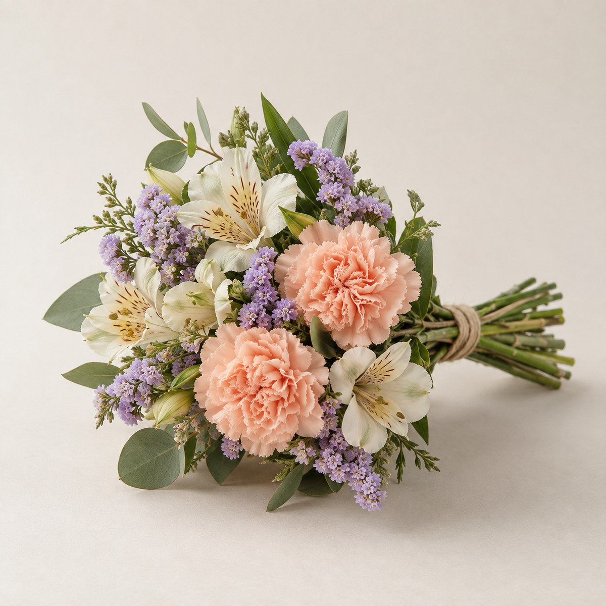 A petite soft pastel bouquet with peach carnations, cream alstroemeria, lilac filler flowers and greenery.