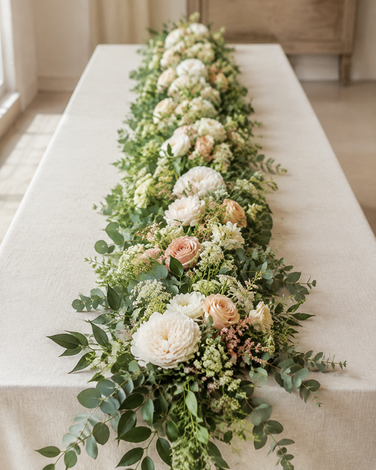 Low white and green fresh flower table centrepiece