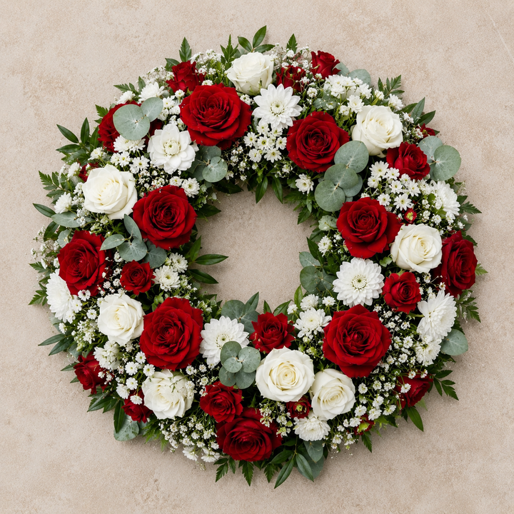 Red & White Rose Funeral Wreath | Sympathy Flowers in Denmark begravelseskrans til levering i Danmark