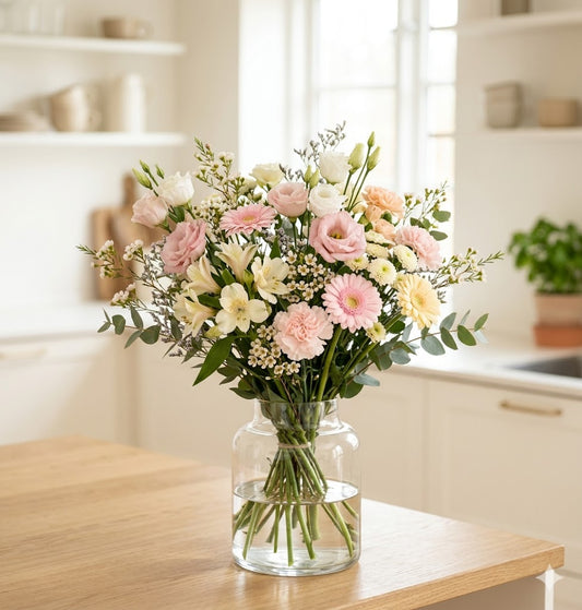 Blød pastel babybuket | Send blomster til nyfødt