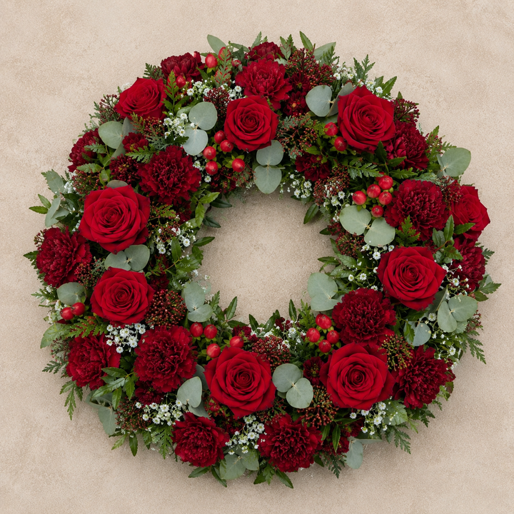 Deep Red Funeral Wreath | Elegant Condolence Wreath in Denmark begravelseskrans til levering i Danmark
