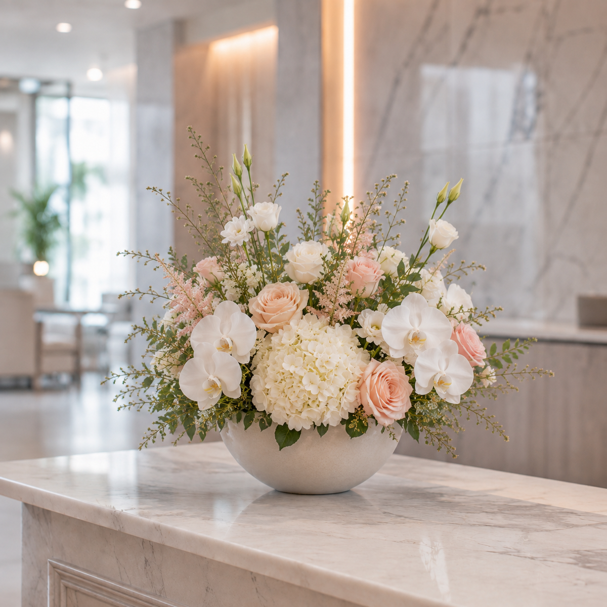 Fresh seasonal reception flower arrangement with coordinated vase for an office or professional business space in Denmark