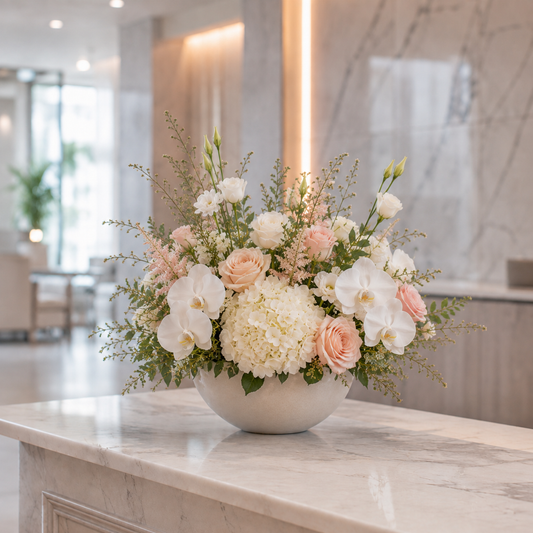 Fresh seasonal reception flower arrangement with coordinated vase for an office or professional business space in Denmark