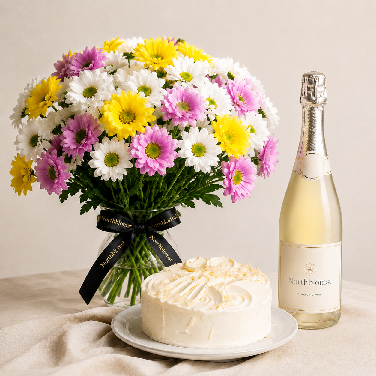 Colourful Daisy Bouquet with Cream Cake & Sparkling Gift | Celebration Flower Delivery