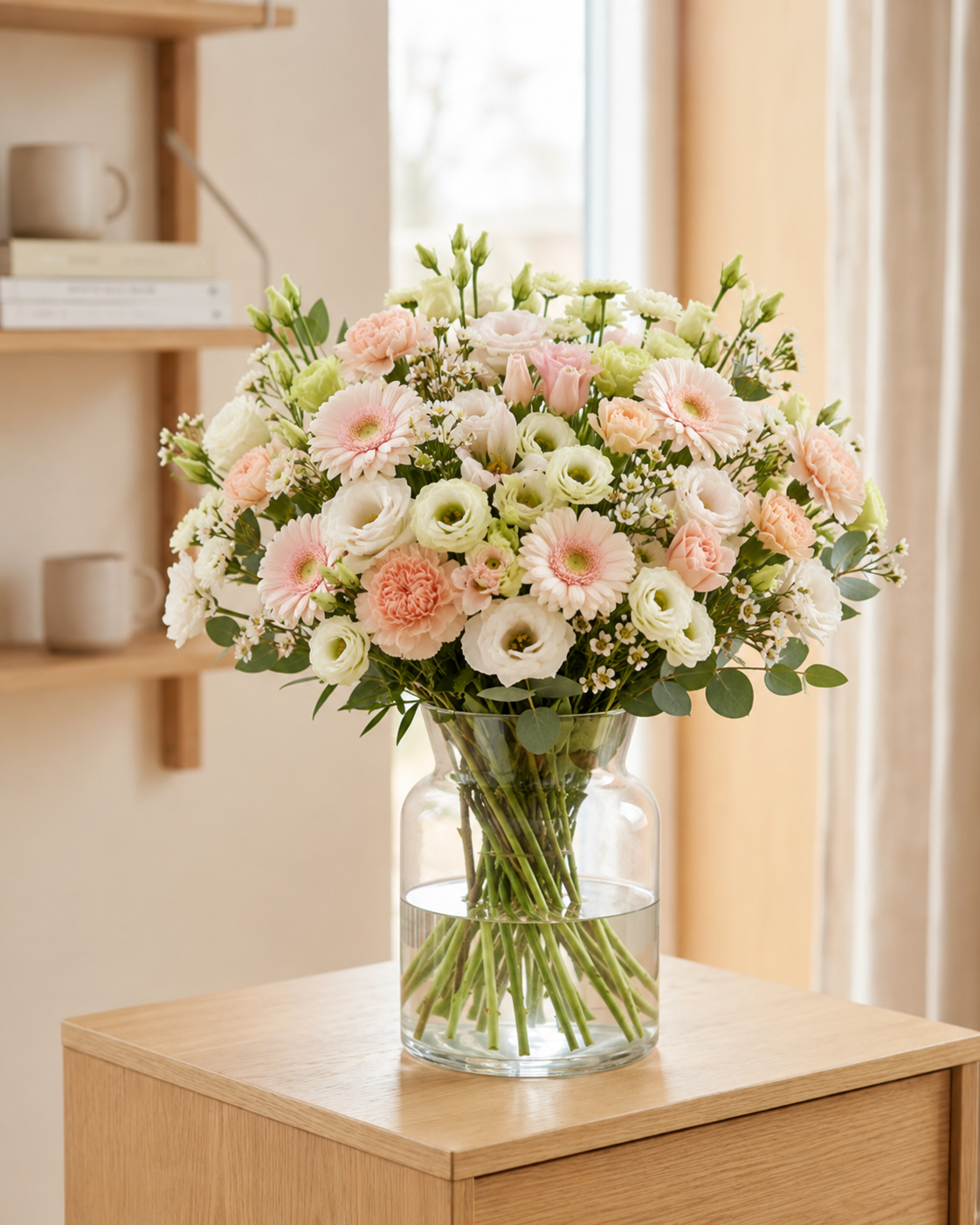 A large, vibrant bouquet of pink, white, and light green flowers arranged in a clear glass vase, sitting on a light wood side table in a softly lit room.