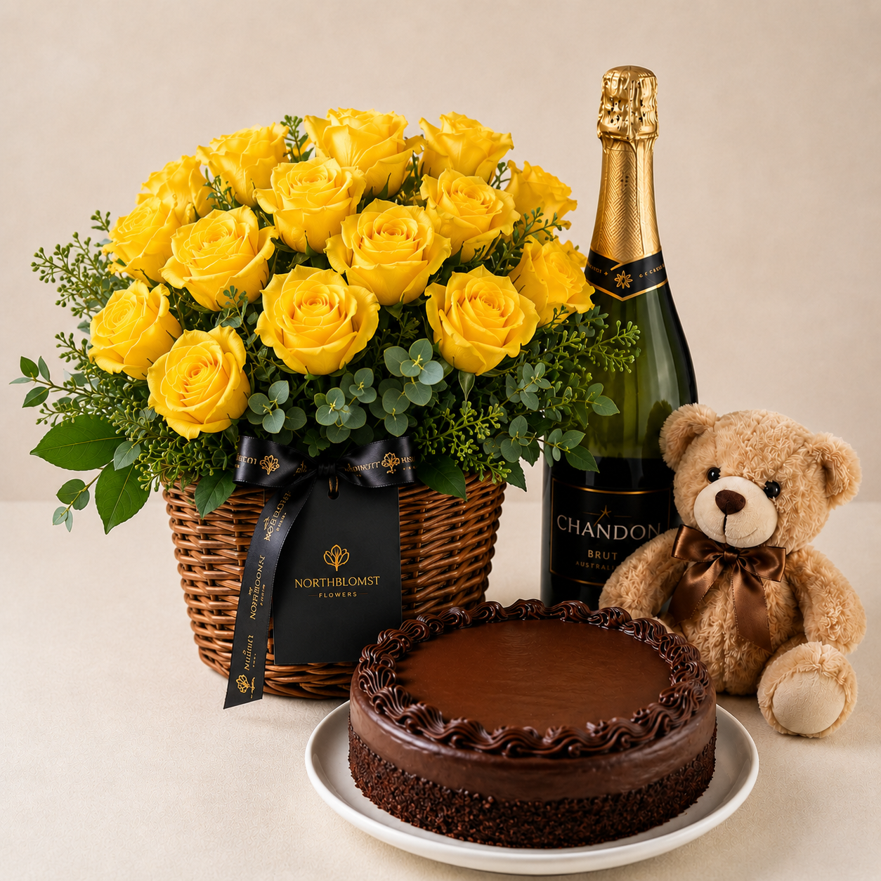 Luxury Yellow Rose Basket with Sparkling Gift, Chocolate Cake & Teddy Bear | Premium Gift Delivery
