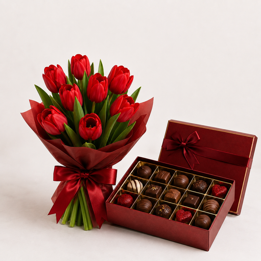 Rød Tulipanbuket med Luksuschokolade | Blomster & Chokoladelevering